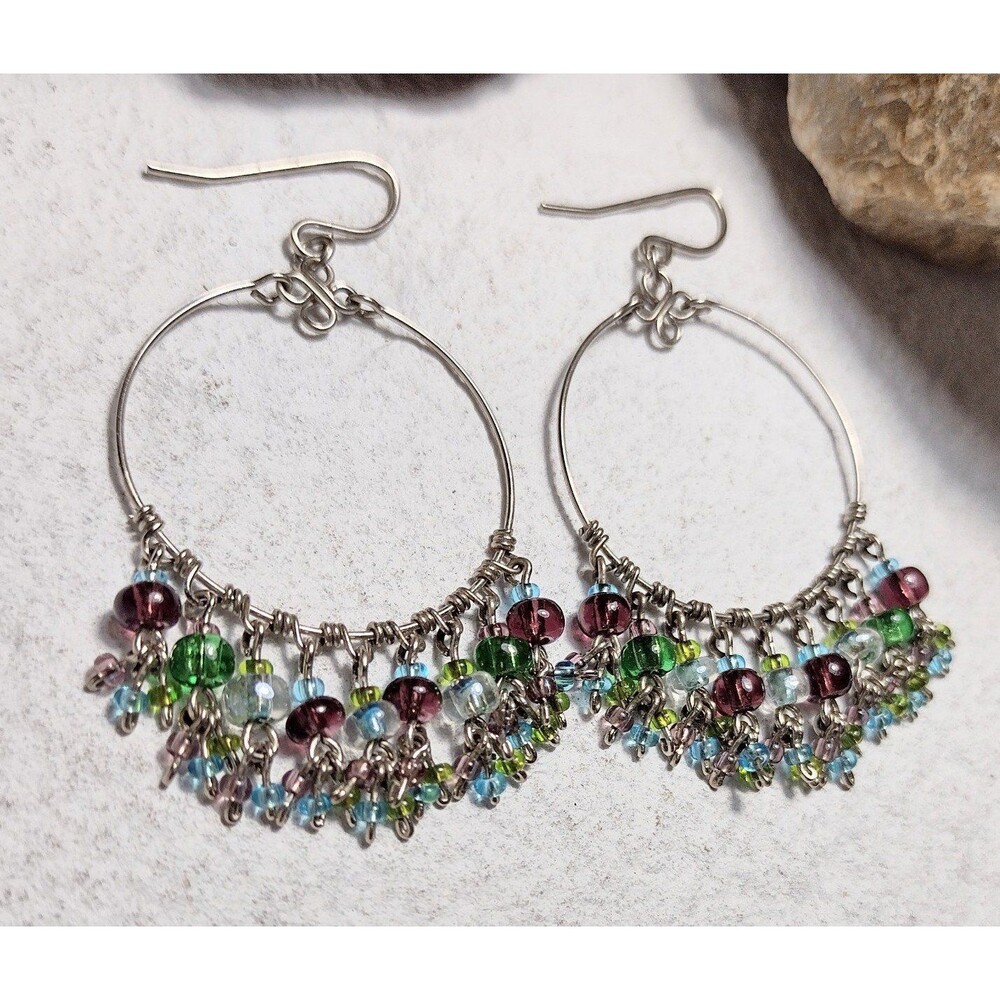 Glass Beaded Hoop Earrings Dangle Silver tone